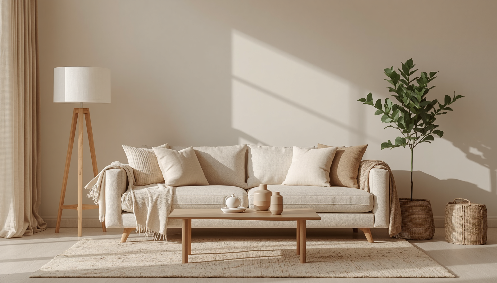 Salon cocooning canapé beige avec plaid terracotta